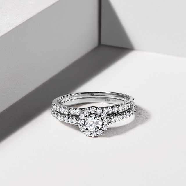 JEU D'ANNEAUX DE FIANÇAILLES ET DE MARIAGE EN OR BLANC - BAGUE DE FIANÇAILLES ET ALLIANCE ASSORTIES - 