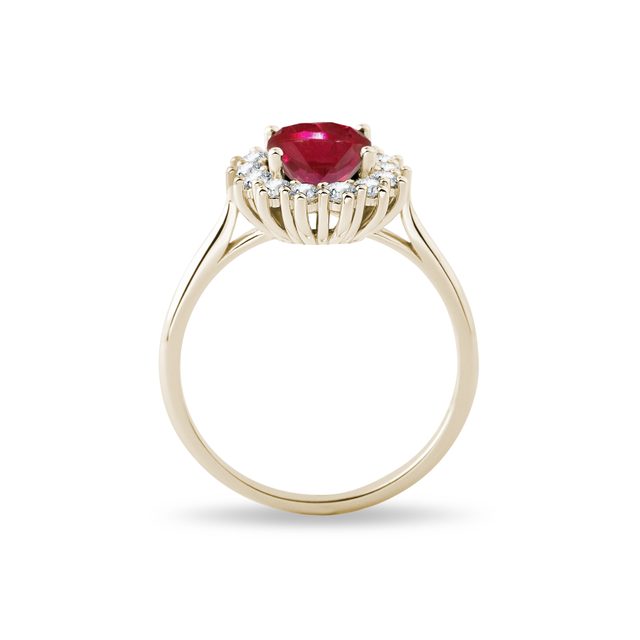 ROUND RUBY AND HALO DIAMOND GOLD RING - RUBY ENGAGEMENT RINGS - 