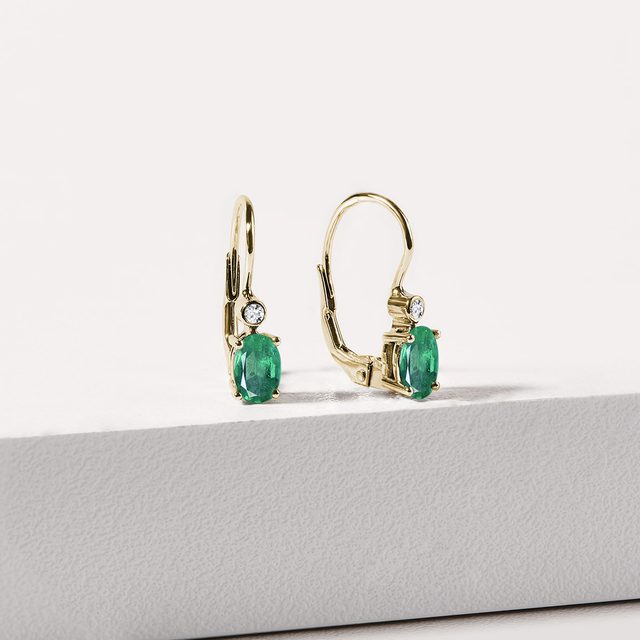 YELLOW GOLD EARRINGS WITH EMERALDS AND DIAMONDS - EMERALD EARRINGS - 
