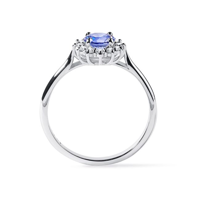 PIERŚCIONEK WYKONANY Z BIAŁEGO ZŁOTA Z DIAMENTAMI I TANZANITEM - PIERŚCIONKI Z TANZANITAMI - 