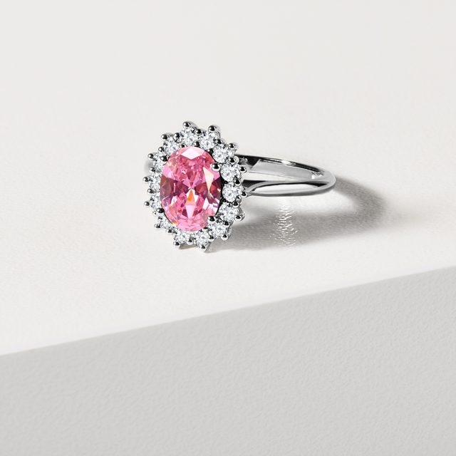 BAGUE EN OR BLANC AVEC SAPHIR ROSE ET DIAMANTS - BAGUES DE FIANÇAILLES EN SAPHIR - 