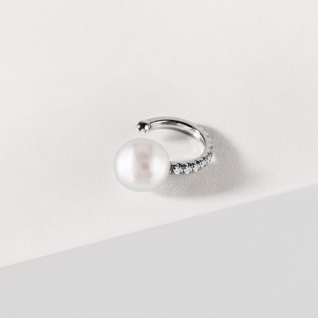 DIAMANTOVÁ EAR CUFF NÁUŠNICE V BÍLÉM ZLATĚ S PERLOU - PERLOVÉ NÁUŠNICE - 