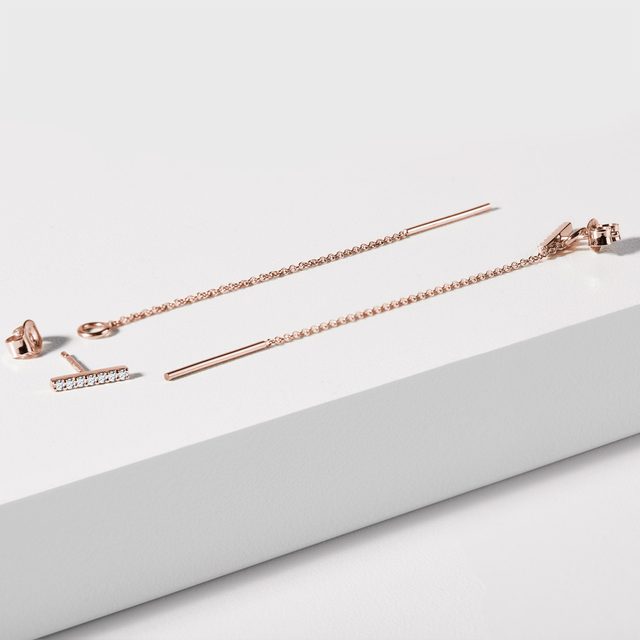 BOUCLES D'OREILLES CHAÎNES AVEC BARRETTES EN OR ROSE ET DIAMANTS - BOUCLES D'OREILLES EN DIAMANT - 