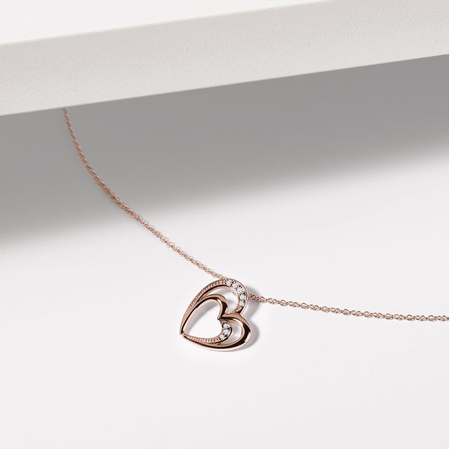DIAMOND DOUBLE HEART NECKLACE IN ROSE GOLD - DIAMOND NECKLACES - 