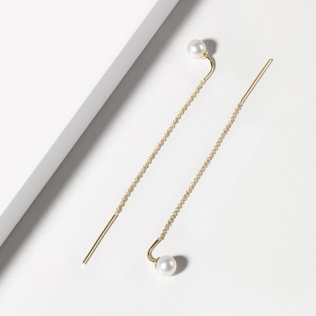 BAUMELNDE PERLENOHRRINGE AUS GELBGOLD - PERLEN OHRRINGE - 