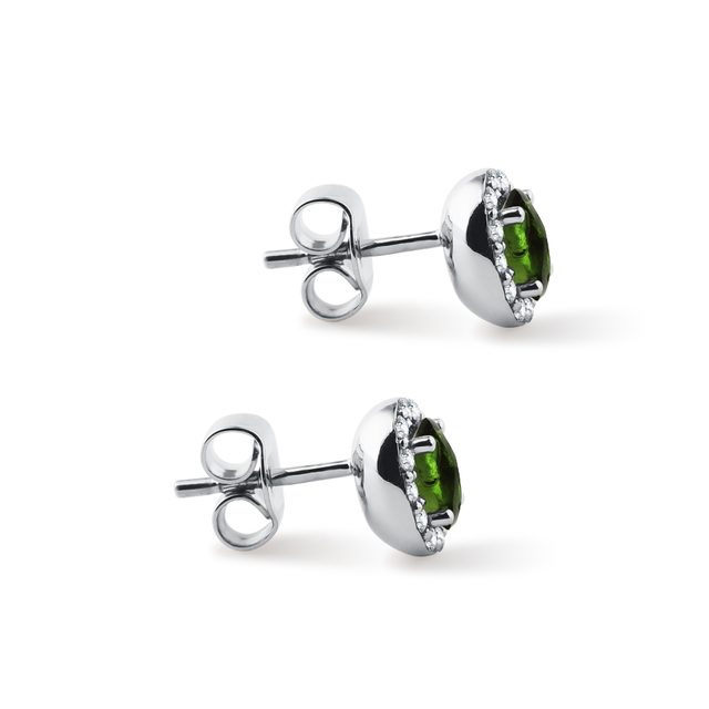 PUCES D'OREILLES OR BLANC AVEC MOLDAVITE OVALE ET DIAMANTS - BOUCLES D'OREILLES EN MOLDAVITE - 
