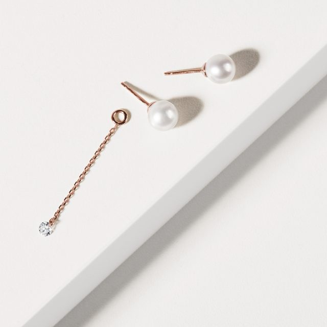 BOUCLES D'OREILLES 2 EN 1 EN OR ROSE, PERLES ET DIAMANTS - BOUCLES D'OREILLES EN PERLES - 