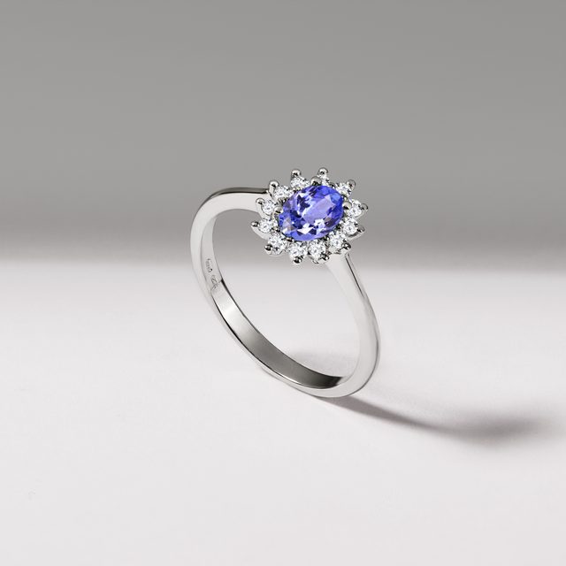 PRSTEŇ Z BIELEHO ZLATA S TANZANITOM A DIAMANTMI - PRSTENE TANZANIT - 