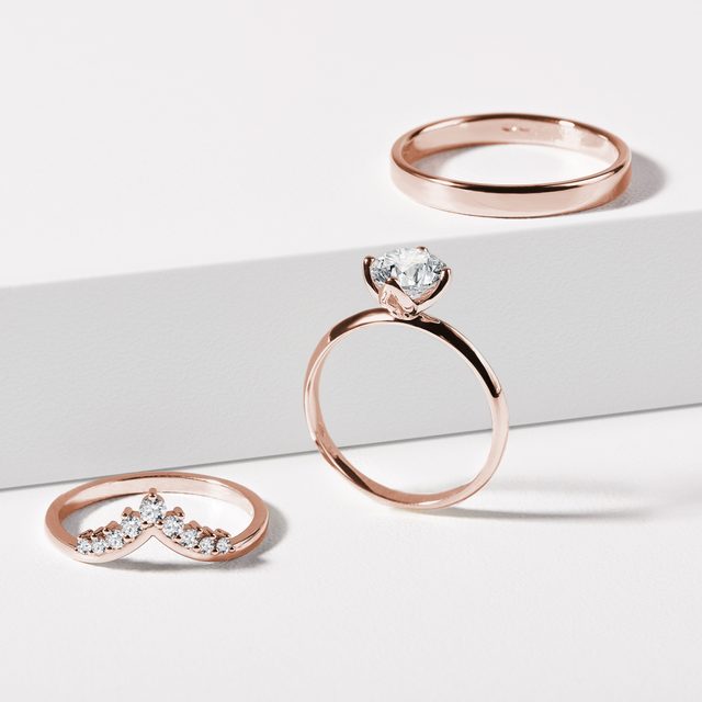 HIS AND HERS ROSE GOLD WEDDING RING SET WITH DIAMOND CHEVRON RING - ROSE GOLD WEDDING SETS - 