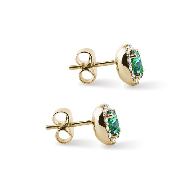 OVAL EMERALD AND DIAMOND GOLD HALO STUD EARRINGS - EMERALD EARRINGS - 