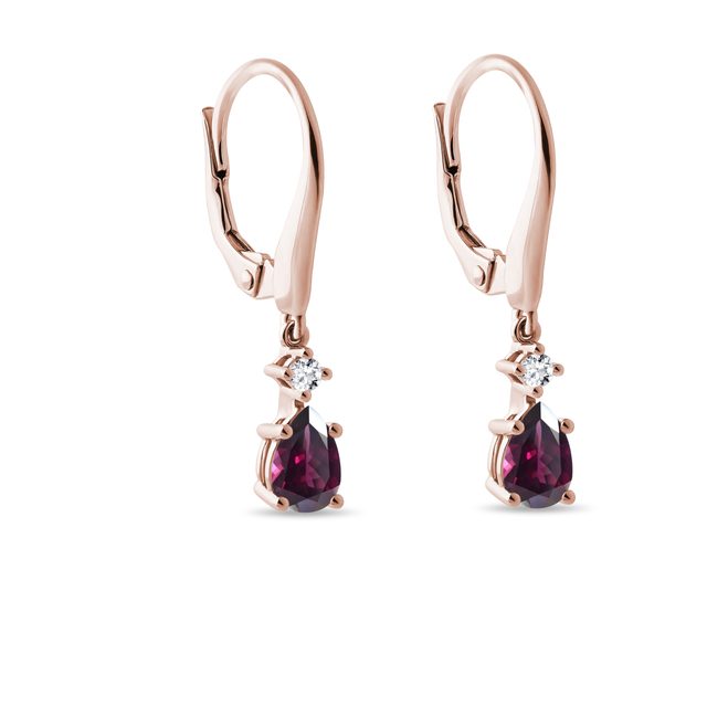 BOUCLES D'OREILLES PENDANTES EN OR ROSE ET RHODOLITES - BOUCLES D'OREILLES AVEC GEMMES - 