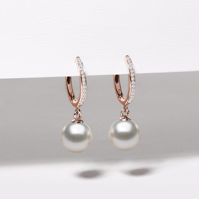 BOUCLES D'OREILLES PERLES EN OR ROSE AVEC DIAMANTS - BOUCLES D'OREILLES EN PERLES - 