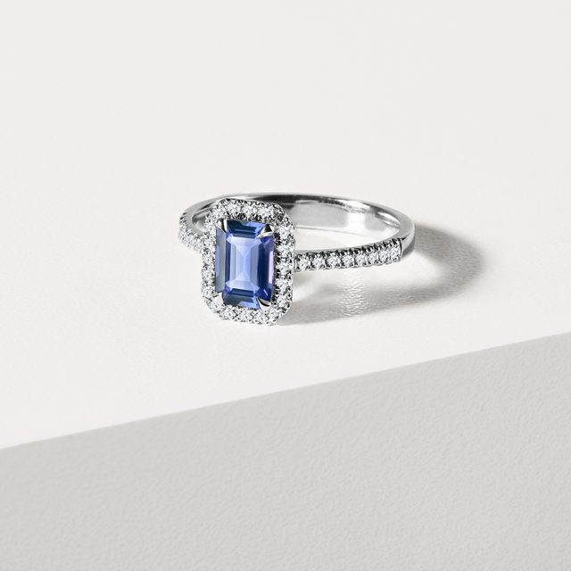 BAGUE DE FIANÇAILLES DE LUXE AVEC SAPHIR DE CEYLAN ET DIAMANTS - BAGUES DE FIANÇAILLES EN SAPHIR - 