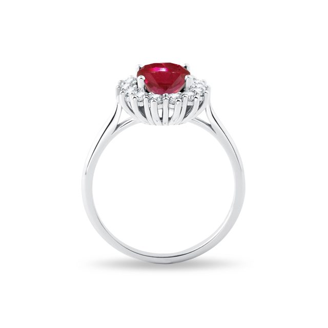 BAGUE D'OR BLANC HALO AVEC RUBIS ET DIAMANTS - BAGUES DE FIANÇAILLES EN RUBIS - 