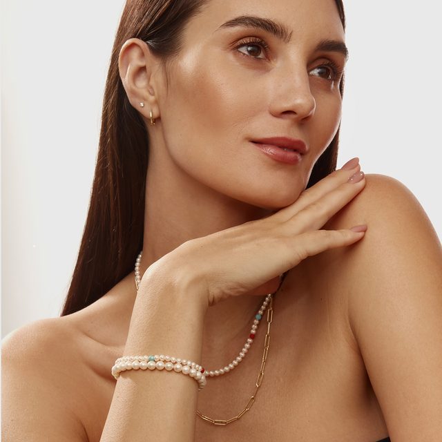 COLLIER DE PERLES EN OR JAUNE AVEC TURQUOISE ET CORAIL - COLLIERS DE PERLES - 