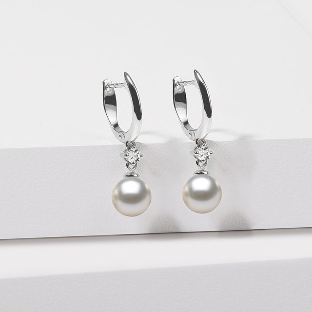 WHITE GOLD EARRINGS WITH AKOYA PEARL AND DIAMONDS - PEARL EARRINGS - 