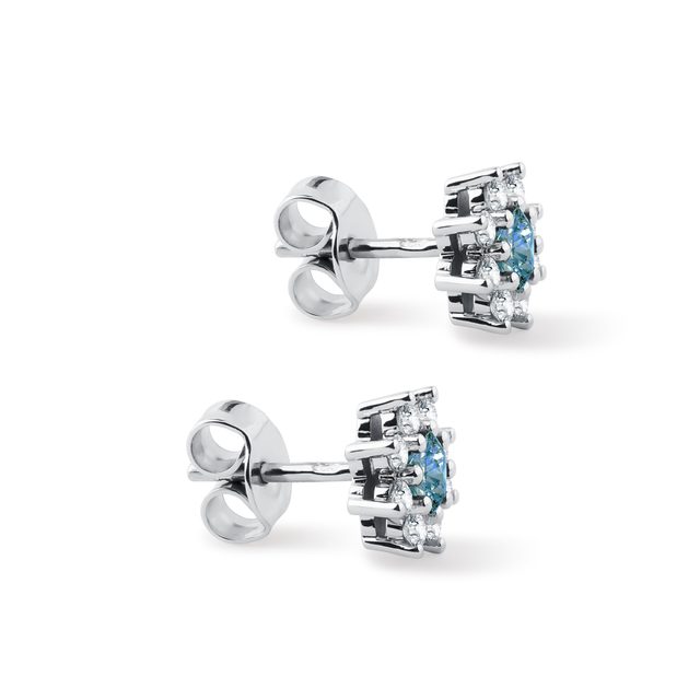 NÁUŠNICE KYTIČKY S MODRÝM DIAMANTEM V BÍLÉM ZLATĚ - DIAMANTOVÉ NÁUŠNICE - 