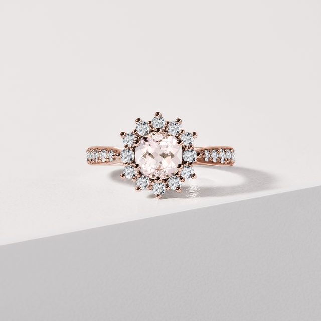 ROSÉGOLDRING MIT RUNDEM MORGANIT UND DIAMANTEN - RINGE MORGANIT - 