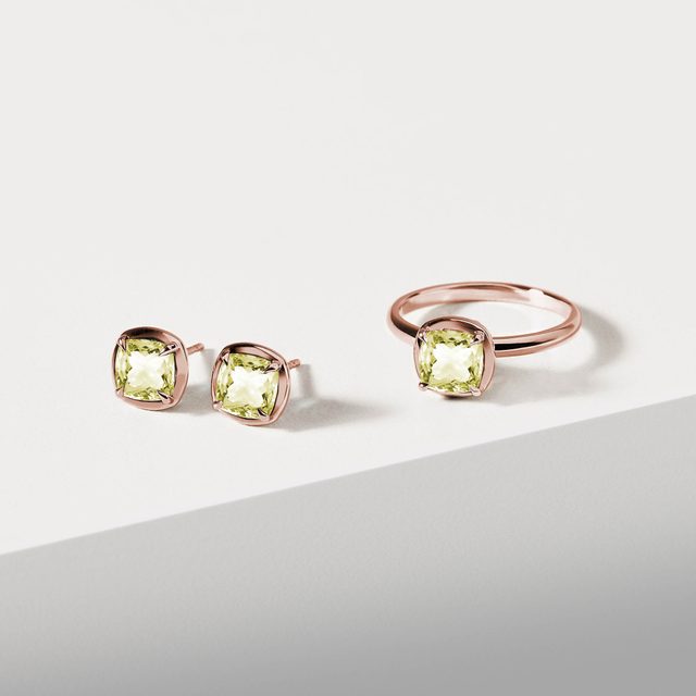 BOUCLES D'OREILLES EN OR ROSE AVEC QUARTZ CITRON - BOUCLES D'OREILLES AVEC GEMMES - 