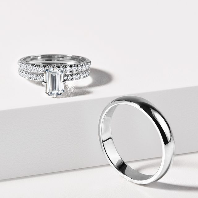 WHITE GOLD WEDDING RING SET WITH HALF ETERNITY AND SHINY FINISH - WHITE GOLD WEDDING SETS - 