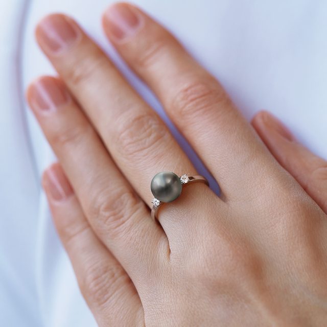 TAHITIAN PEARL RING WITH DIAMONDS IN WHITE GOLD - PEARL RINGS - 