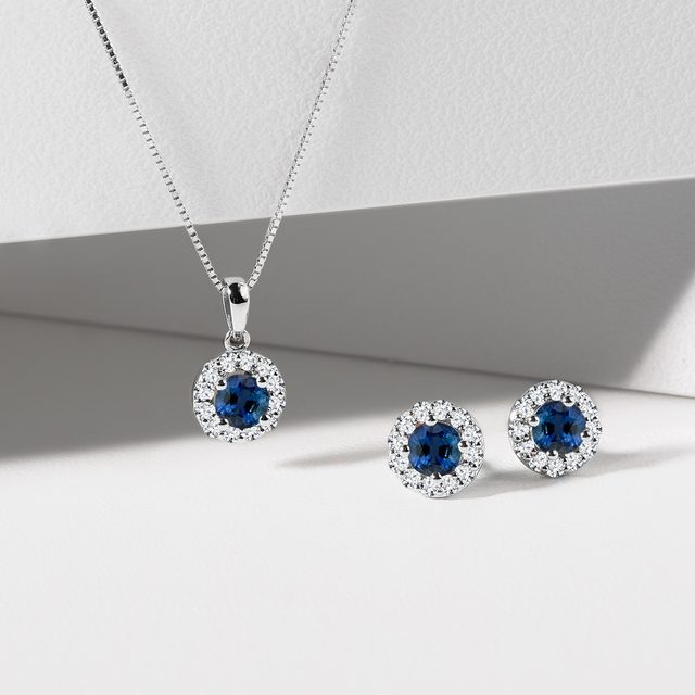 SAPPHIRE AND DIAMOND HALO EARRINGS IN WHITE GOLD - SAPPHIRE EARRINGS - 