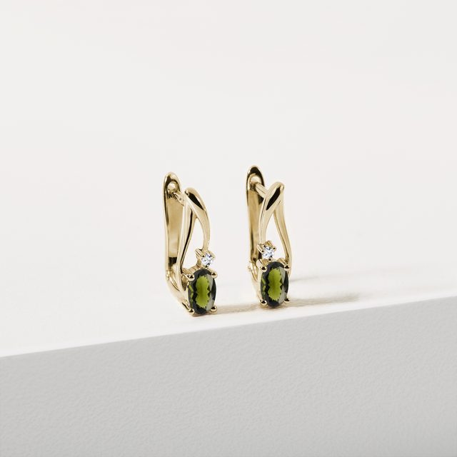 MOLDAVITE AND DIAMOND EARRINGS IN GOLD - MOLDAVITE EARRINGS - 