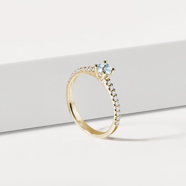 ROUND AQUAMARINE AND DIAMOND GOLD RING - AQUAMARINE RINGS - 