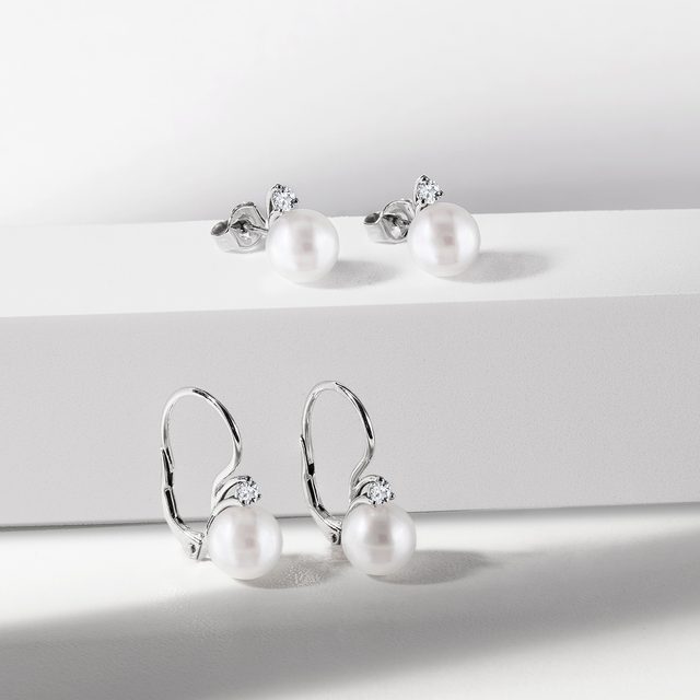 WHITE GOLD EARRINGS WITH PEARL AND BRILLIANT - PEARL EARRINGS - 