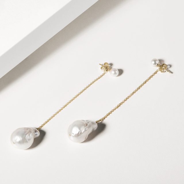 BAROQUE PEARL CHAIN EARRINGS IN 14K YELLOW GOLD - PEARL EARRINGS - 