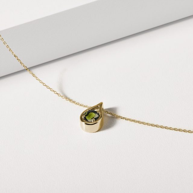HALSKETTE MIT MOLDAVITANHÄNGER IN GELBGOLD - KETTEN MIT MOLDAVIT - 