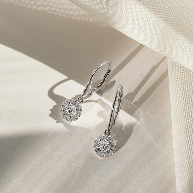 HANGING PENDANT DIAMOND HALO EARRINGS IN WHITE GOLD - DIAMOND EARRINGS - 