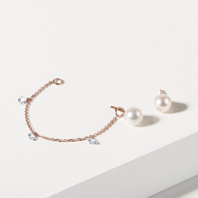 VARIABILNÍ PERLOVÉ NÁUŠNICE S DIAMANTY A ŘETÍZKEM V RŮŽOVÉM ZLATĚ - PERLOVÉ NÁUŠNICE - 