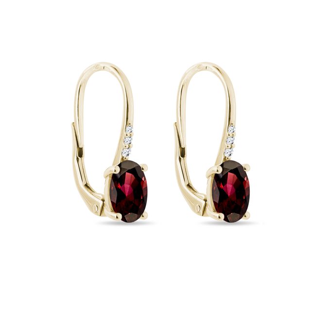 OVAL GARNET AND DIAMOND GOLD DROP EARRINGS - GARNET EARRINGS - 