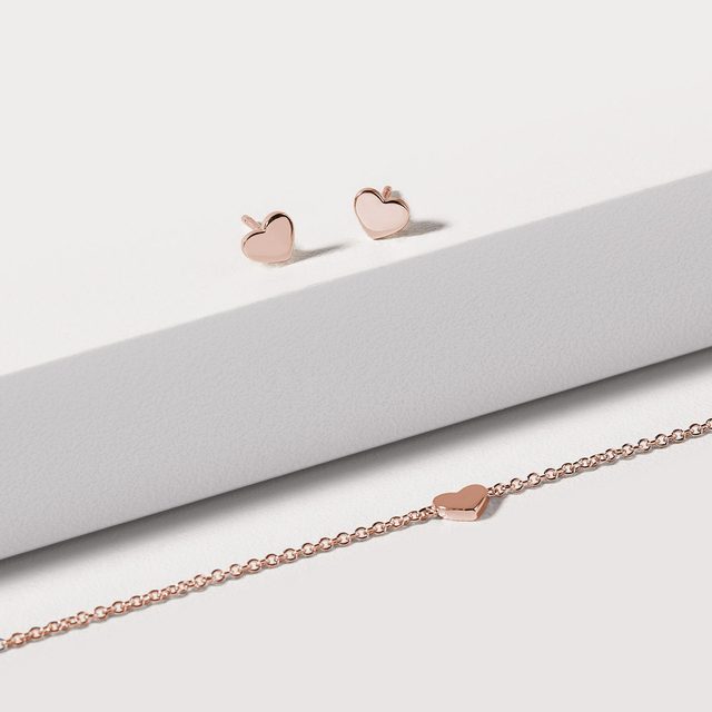 SET AUS OHRRINGEN UND ARMBAND MIT HERZFORM IN 14KT ROSÉGOLD - SCHMUCK-SETS - 