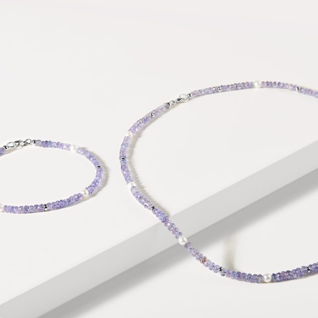 NATURAL TANZANITE AND PEARL JEWELRY SET IN WHITE GOLD - GEMSTONE SETS - 