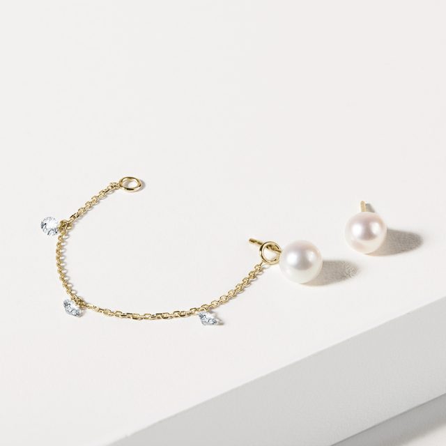 VERSATILE GOLD STUD SINGLE EARRING WITH CHAIN - PEARL EARRINGS - 