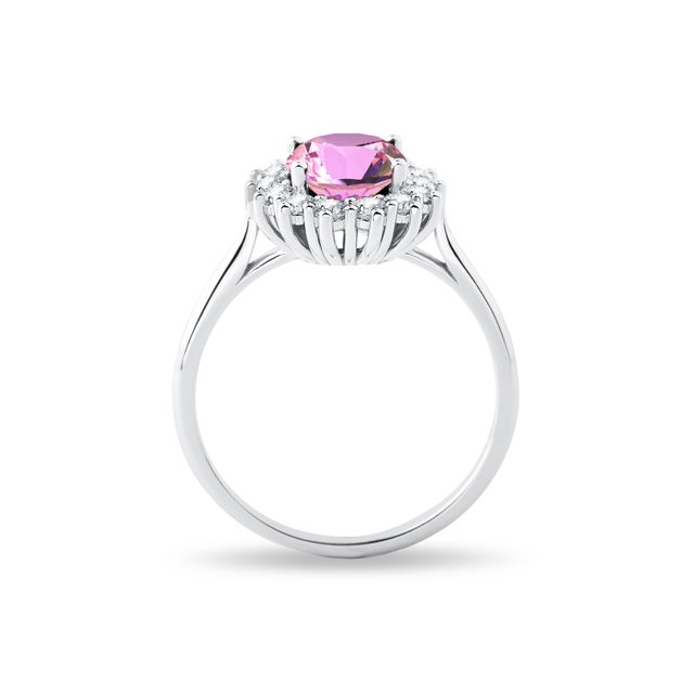 BAGUE EN OR BLANC AVEC SAPHIR ROSE ET DIAMANTS - BAGUES DE FIANÇAILLES EN SAPHIR - 