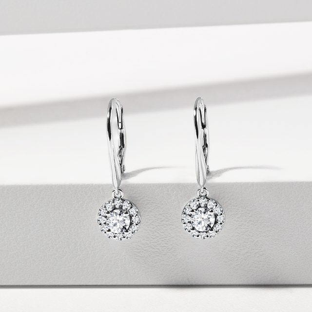 HANGING PENDANT DIAMOND HALO EARRINGS IN WHITE GOLD - DIAMOND EARRINGS - 