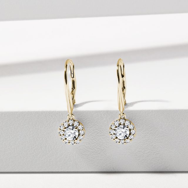 PENDANTES HALO D'OR JAUNE AVEC DIAMANTS - BOUCLES D'OREILLES EN DIAMANT - 