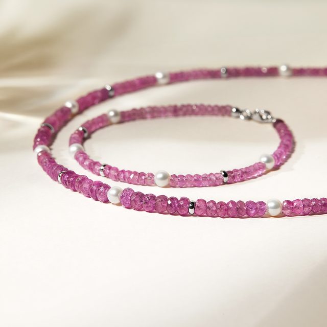 PINK SAPPHIRE BRACELET WITH PEARLS IN WHITE GOLD - MINERAL BRACELETS - 