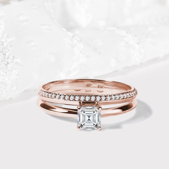 LUXUSNÍ SET DIAMANTOVÝCH PRSTENŮ V RŮŽOVÉM 14K ZLATĚ - SADY SNUBNÍCH A ZÁSNUBNÍCH PRSTENŮ - 