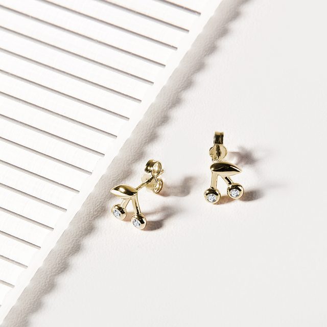 BOUCLES D'OREILLES CERISES EN OR JAUNE 14CT - BOUCLES D'OREILLES EN DIAMANT - 