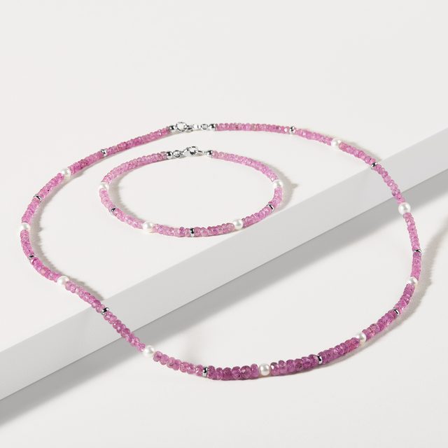 PINK SAPPHIRE BRACELET WITH PEARLS IN WHITE GOLD - MINERAL BRACELETS - 