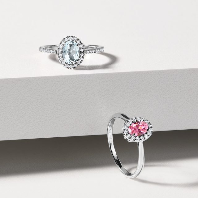 ZLATÝ PRSTEN S RŮŽOVÝM SAFÍREM A BRILIANTY - ZÁSNUBNÍ PRSTENY SE SAFÍREM - 