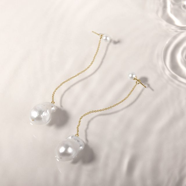 BAROQUE PEARL CHAIN EARRINGS IN 14K YELLOW GOLD - PEARL EARRINGS - 