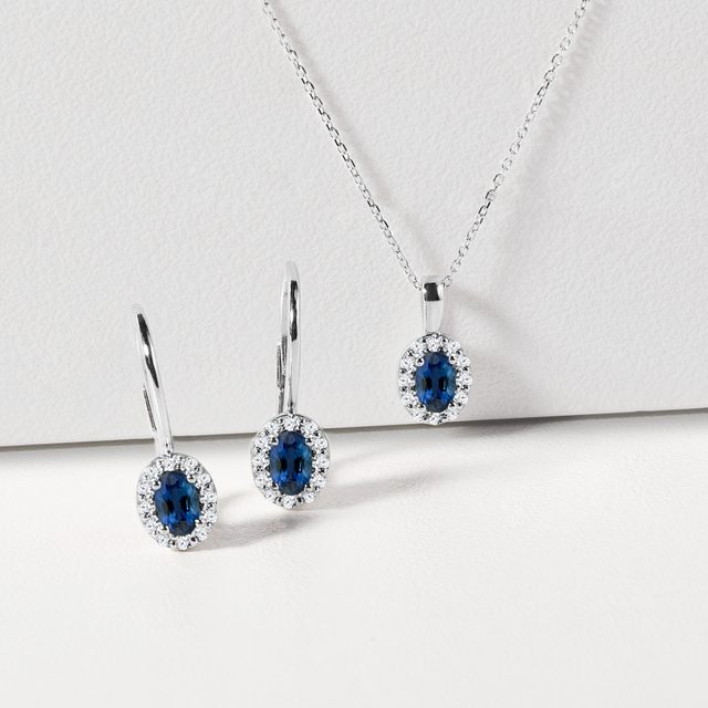 SAPPHIRE AND DIAMOND WHITE GOLD HALO JEWELRY SET - GEMSTONE SETS - 