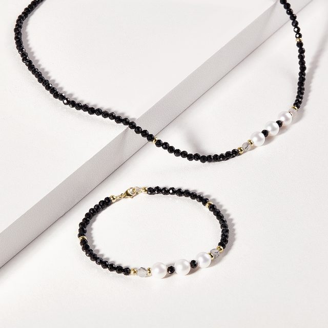 BLACK SPINEL AND PEARL GOLD NECKLACE - MINERAL NECKLACES - 
