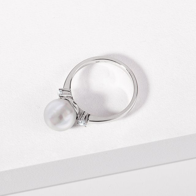 PEARL AND DIAMOND RING IN WHITE GOLD - PEARL RINGS - 