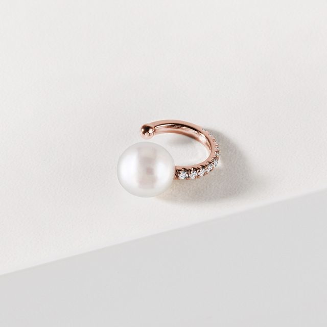 PEARL AND DIAMOND SINGLE EAR CUFF IN ROSE GOLD - PEARL EARRINGS - 